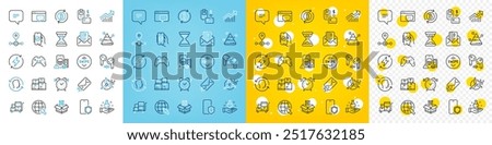 Vector icons set of Chemistry lab, Renewable power and Pyramid chart line icons pack for web with Inventory cart, Text message, Alarm clock outline icon. Phone protect, Swipe up. Vector