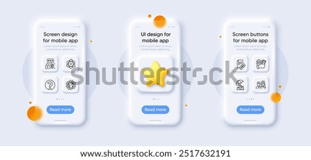 Biometric security, Doctor and Atom line icons pack. 3d phone mockups with star. Glass smartphone screen. Delivery insurance, Coronavirus, Question mark web icon. Fake news, Fraud pictogram. Vector