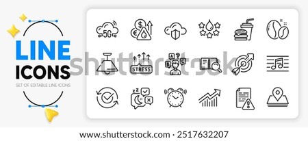 Sleep, Search book and Hamburger line icons set for app include Approved, Ceiling lamp, Quality outline thin icon. Demand curve, Target, Musical note pictogram icon. 5g cloud. Vector