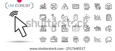 Pack of Brand, Location app and Speech bubble line icons. Include Shop cart, Calendar, Airplane mode pictogram icons. Dot plot, Charging cable, Diagram chart signs. Furniture, Cursor. Vector