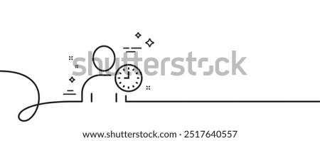 User with Clock line icon. Continuous one line with curl. Profile Avatar with Time sign. Person silhouette symbol. Time management single outline ribbon. Loop curve pattern. Vector