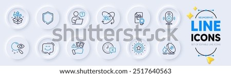 Shield, Online question and Dog certificate line icons for web app. Pack of Time, Fireworks rocket, Speaker pictogram icons. Fraud, Search, Fuel price signs. Winner star, Full rotation. Vector