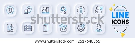 Support, Online discounts and Storage line icons for web app. Pack of Location, No hearing, Cyber attack pictogram icons. Seo gear, Diesel station, Smartphone glass signs. Info, Chess. Vector