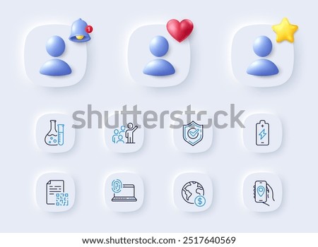 Battery charging, Chemistry lab and Location app line icons. Placeholder with 3d bell, star, heart. Pack of Qr code, Leadership, Global business icon. Confirmed, Computer fingerprint pictogram. Vector