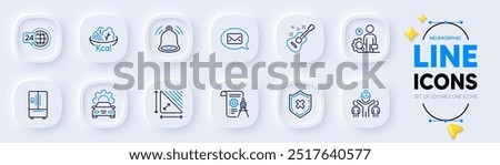 Triangle area, Reject protection and Bell alert line icons for web app. Pack of Messenger, 24h service, Guitar pictogram icons. Engineering team, Divider document, Inspect signs. Salad. Vector