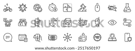 Icons pack as Globe, Reject access and Chat app line icons for app include Sun energy, Scroll down, Video conference outline thin icon web set. Money transfer, Puzzle, Teamwork pictogram. Vector