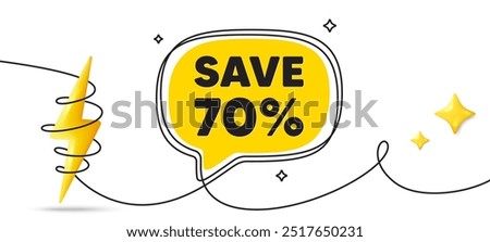 Save 70 percent off tag. Continuous line art banner. Sale Discount offer price sign. Special offer symbol. Discount speech bubble background. Wrapped 3d energy icon. Vector