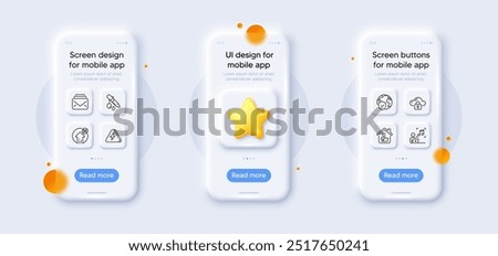 Cloud protection, Chemistry pipette and Mail line icons pack. 3d phone mockups with star. Glass smartphone screen. 5g upload, Lightning bolt, Work home web icon. Vector