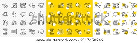 Outline Timer, Qr code and Time line icons pack for web with Bitcoin pay, Gear, Scroll down line icon. Cpu processor, Organic product, Talk bubble pictogram icon. Smile chat, Cursor, Smile. Vector