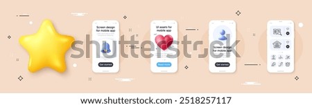 Yoga, Influence and Startup rocket line icons pack. Phone screen mockup with 3d bell, star and placeholder. Wholesale goods, Slow fashion, Whisper web icon. Search text, Winner pictogram. Vector