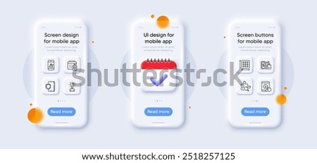 Scroll down, Phone protection and Smartphone statistics line icons pack. 3d phone mockups with calendar. Glass smartphone screen. Card, Search puzzle, Baggage calendar web icon. Vector