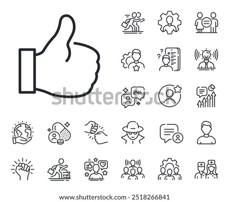 Thumbs up sign. Specialist, doctor and job competition outline icons. Like line icon. Positive feedback, social media symbol. Like line sign. Avatar placeholder, spy headshot icon. Vector