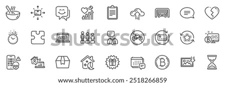 Icons pack as Download photo, Time and Cloud upload line icons for app include Cook, Clipboard, Puzzle outline thin icon web set. Chat, Cardboard box, Smile face pictogram. Vector