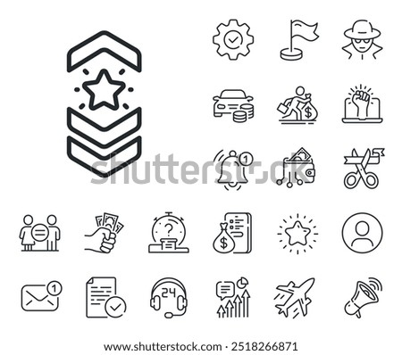 Star award sign. Salaryman, gender equality and alert bell outline icons. Shoulder strap stars line icon. Best rank symbol. Shoulder strap line sign. Spy or profile placeholder icon. Vector