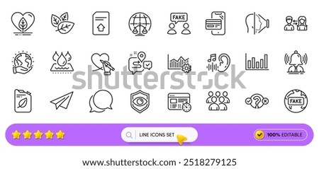 Fake information, Column chart and Local grown line icons for web app. Pack of Operational excellence, Waterproof, Upload file pictogram icons. Eye detect, Magistrates court, Face id signs. Vector