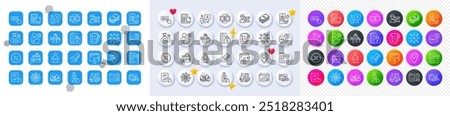 Versatile, Armed robbery and Discounts bubble line icons. Square, Gradient, Pin 3d buttons. AI, QA and map pin icons. Pack of Calendar graph, Bid offer, Phone payment icon. Vector