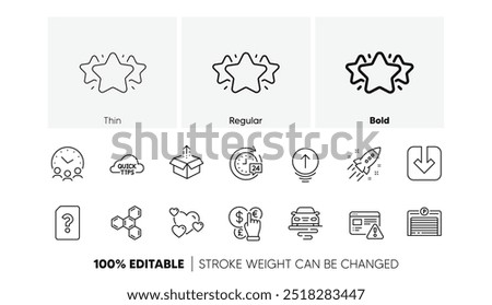 Star, Parking garage and 24h delivery line icons. Pack of Money currency, Internet warning, Unknown file icon. Swipe up, Route, Load document pictogram. Startup rocket, Send box, Heart. Vector