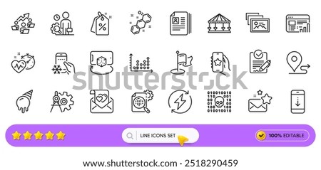 Rfp, Ice cream and Photo album line icons for web app. Pack of Love letter, Web report, Cogwheel dividers pictogram icons. Dot plot, Renewable power, Cv documents signs. Chemical formula. Vector