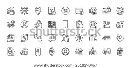 Lock, Accounting wealth and Internet documents line icons pack. AI, Question and Answer, Map pin icons. Scroll down, Fake news, Cardio training web icon. Vector