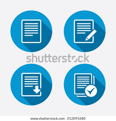 File document icons. Download file symbol. Edit content with pencil sign. Select file with checkbox. Circle concept web buttons. Vector