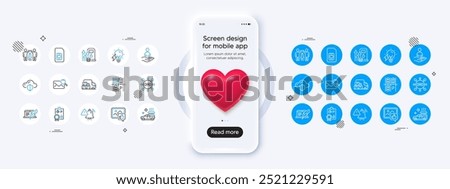 Phone mockup with 3d heart icon. Cloud protection, Like photo and Parking place line icons. Pack of Recruitment, Electricity bulb, Dao icon. Sim card, Attention bell, Partnership pictogram. Vector