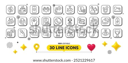 Battery charging, Eye laser and Wine glass line icons pack. 3d design elements. Money tax, Info, Aroma candle web icon. Delivery report, Pie chart, Chemistry pipette pictogram. Vector