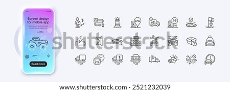 Truck parking, Gift and Delivery route line icons for web app. Phone mockup gradient screen. Pack of Cancel flight, Battery, Backpack pictogram icons. Tractor, Metro, Gas station signs. Vector