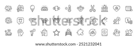 Sale bags, Power bank and Brain working line icons. Pack of Delivery change, Sports stadium, Kpi icon. Cut, Ice cream, Weather thermometer pictogram. One love, Hair dryer, Star. Line icons. Vector