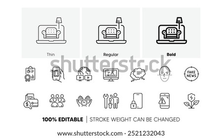 Accounting report, Video conference and Eco power line icons. Pack of Baggage app, Fake news, Inspect icon. Online video, Repairman, Warning message pictogram. Text message, Safe time, Group. Vector