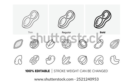 Hazelnut, Almond nut and Peanut. Nuts and seeds line icons. Sunflower seeds, Brazil nut, Pistachio icons. Walnut, Coconut and Cashew nuts. Linear set. Line icons set. Vector