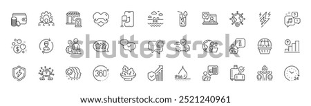 Launder money, Lightning bolt and Waterproof line icons. Pack of Graph chart, Friends chat, Teamwork question icon. 24 hours, 360 degrees, Swimming pool pictogram. Filling station. Line icons. Vector