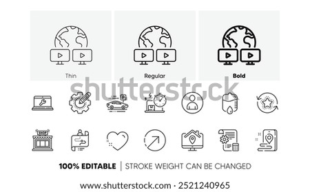 Avatar, Settings blueprint and Video conference line icons. Pack of Car parking, Direction, Delivery online icon. Loyalty points, Place, Work home pictogram. Shop, Drop counter, Settings gear. Vector