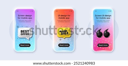 Phone 3d mockup gradient screen. Best offer tag. Special price Sale sign. Advertising Discounts symbol. Best offer phone mockup message. Flash sale chat speech bubble. Yellow text box app. Vector