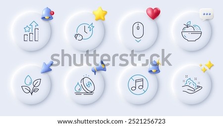 Charging time, Fruits and Ranking stars line icons. Buttons with 3d bell, chat speech, cursor. Pack of Plants watering, No music, Scroll down icon. Skin care, Fuel price pictogram. Vector