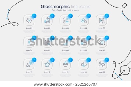 Set of Pie chart, Development plan and Star line icons for web app. Feedback, Attention, Voice wave icons. Tax document, Medical calendar, Loan percent signs. Computer fingerprint. Vector