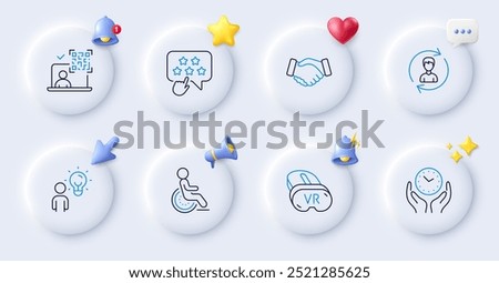 Disability, Ranking star and Vr line icons. Buttons with 3d bell, chat speech, cursor. Pack of Safe time, Handshake, Group people icon. Human resources, Qr code pictogram. Vector