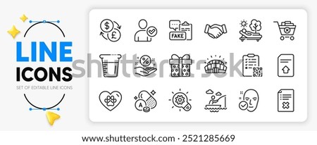 Pets care, Upload file and Lounger line icons set for app include Fake document, Health skin, Remove purchase outline thin icon. Loan percent, Qr code, Sports stadium pictogram icon. Vector