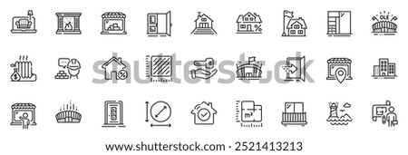 Icons pack as Floor plan, Furniture and Balcony line icons for app include Entrance, Circle area, Buying house outline thin icon web set. Arena stadium, Buildings, House security pictogram. Vector