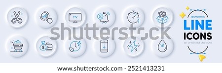 Timer, Cut and Bribe line icons for web app. Pack of Scroll down, User notification, Salary pictogram icons. Hot water, Power, Graph chart signs. Tv, Charging time, Grocery basket. Vector