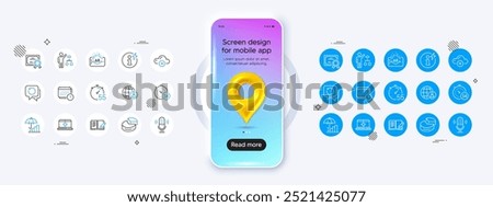 Phone mockup with 3d map pin icon. Augmented reality, Microphone and Medical help line icons. Pack of Pie chart, Certificate, Calendar icon. Recovery data, Algorithm, Timer pictogram. Vector