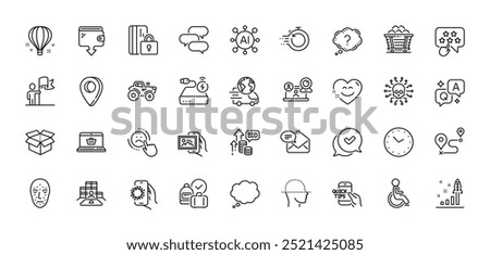 Online shopping, Talk bubble and Development plan line icons pack. AI, Question and Answer, Map pin icons. Coal trolley, Face scanning, Open box web icon. Vector