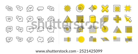 Approved, Checkmark box and Social media message. Design shape elements. Chat and quote line icons. Chat speech bubble, Tick or check mark, Comment quote icons. Vector