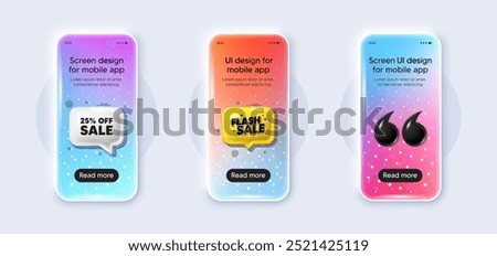 Phone 3d mockup gradient screen. Sale 25 percent off discount. Promotion price offer sign. Retail badge symbol. Sale phone mockup message. Flash sale chat speech bubble. Yellow text box app. Vector