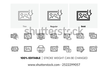 Print image, Photo camera, Upload picture icons. Photo line icons. Edit image, Play presentation and photo printer. Download picture, Gallery carousel, placeholder pic. View portfolio. Vector