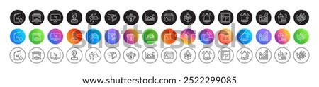 Food delivery, Notification calendar and Employee result line icons. Round icon gradient buttons. Pack of Push cart, Bell alert, Buying currency icon. Vector