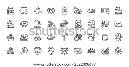 Bid offer, Mattress and Text message line icons pack. AI, Question and Answer, Map pin icons. Lock, Currency exchange, Fast food web icon. Piano, Sale tag, Exhaust pictogram. Vector