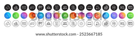 Heart rating, Happy emotion and Buying house line icons. Round icon gradient buttons. Pack of Search app, Notebook, Attention icon. Star, Reject book, Loan house pictogram. Vector