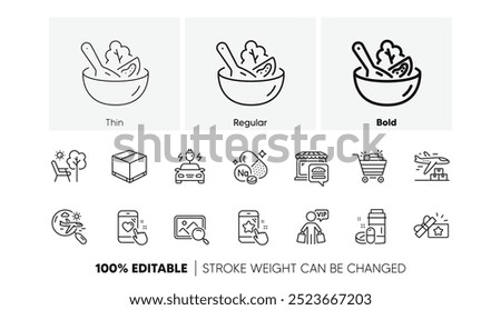 Delivery plane, Loyalty gift and Sodium mineral line icons. Pack of Search photo, Vip shopping, Delivery box icon. Food market, Search flight, Heart rating pictogram. Star rating. Line icons. Vector