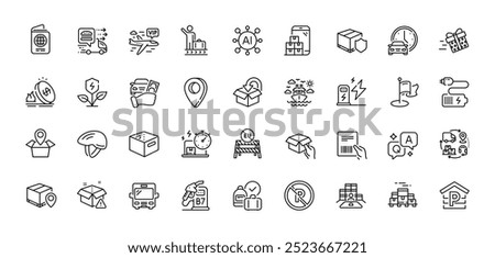 Book car, Parcel tracking and Charging station line icons pack. AI, Question and Answer, Map pin icons. Return package, Supply chain, Milestone web icon. Vector