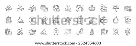 Info, Calendar and Music line icons. Pack of Electronic thermometer, Medical prescription, Patient icon. Chemical hazard, Cut, Yoga pictogram. Qr code, Medical mask, First aid. Line icons. Vector